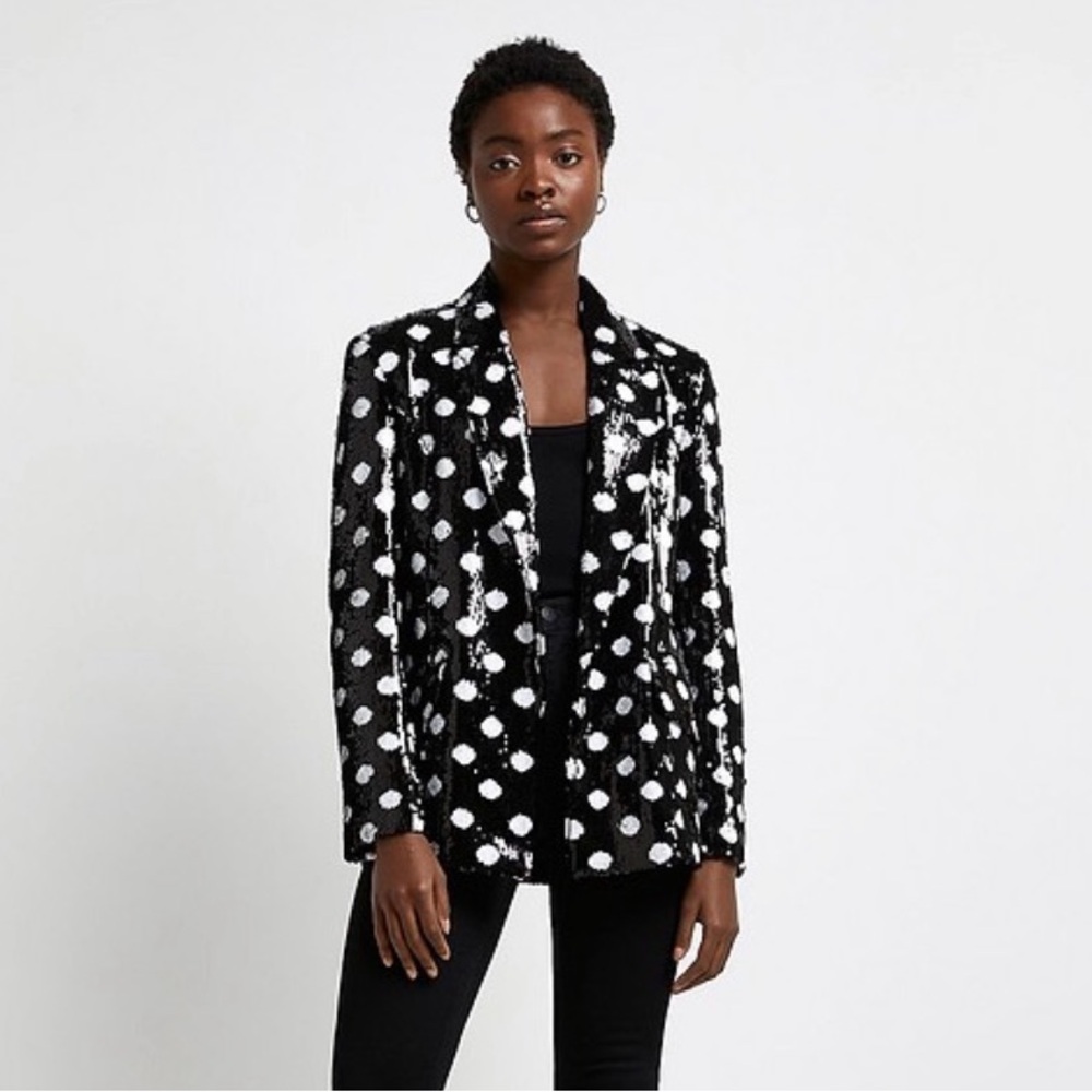 NEW RIVER ISLAND BLACK SEQUIN POLKA DOT BLAZER, S